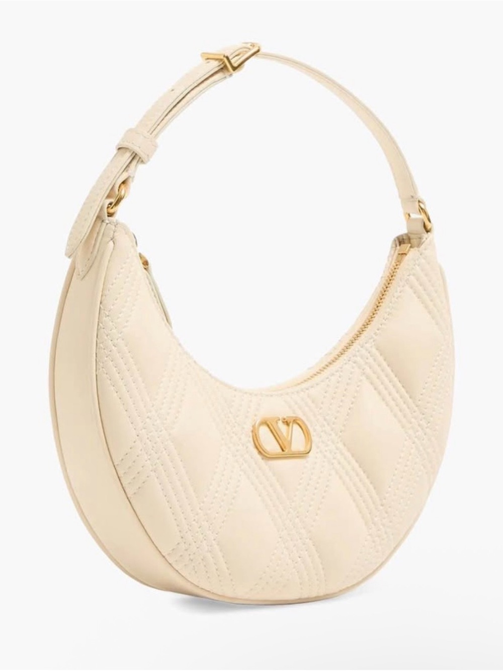 Valentino Garavani Cream Quilted Half-Moon Shoulder Bag with Gold V Logo - Picture 2 of 5